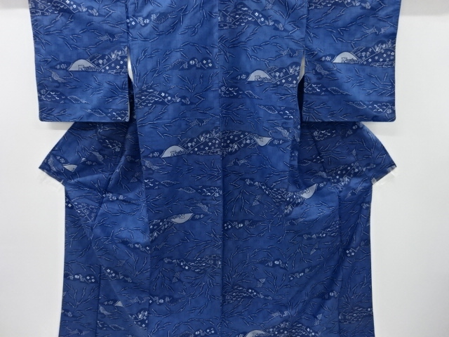 リサイクル　本藍型染遠山に草葉・鳥模様手織り紬着物